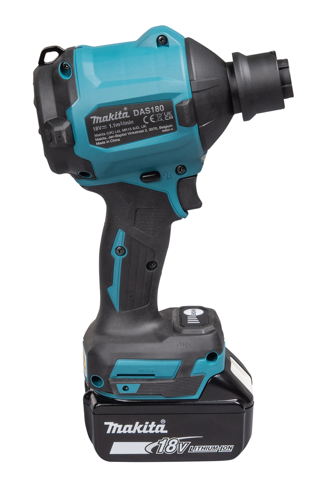 Аккумуляторная воздуходувка Makita DAS180Z LXT 18В BL, воздушный поток до 200м/сек, расход до 1,1м3/мин, макс. сила всасывания 10,3 кПа, без акб и З/У