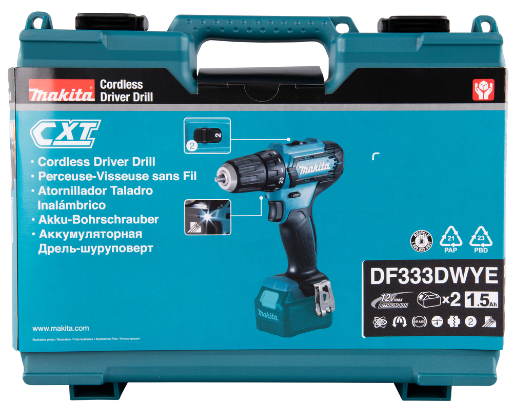 Дрель-шуруповерт аккумуляторная Makita DF333DWYE CXT 12В, 2х1.5 Ач Li-ion, 30 Нм, 1700 об/мин