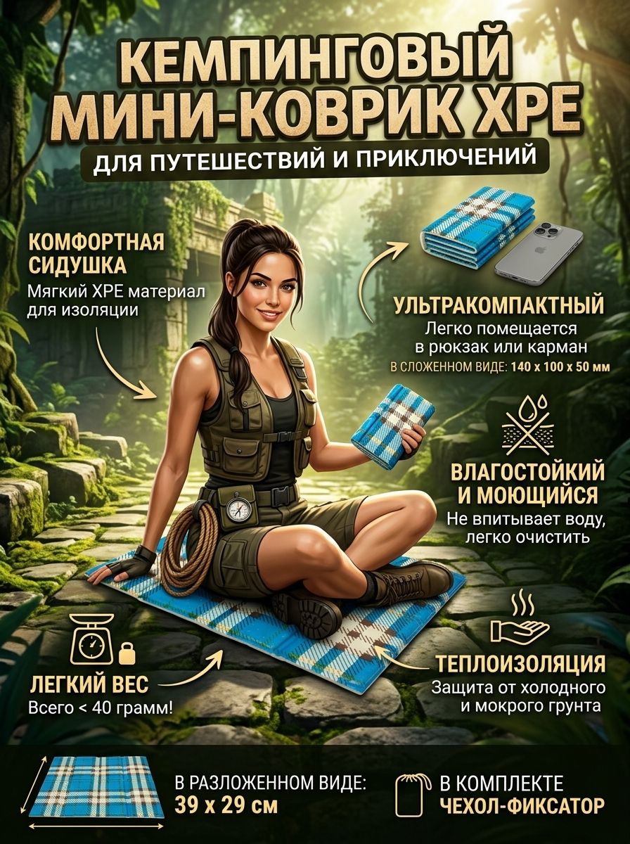 Складной кемпинговый ПЭТ индивидуальный мини коврик для пикника 29х39 см