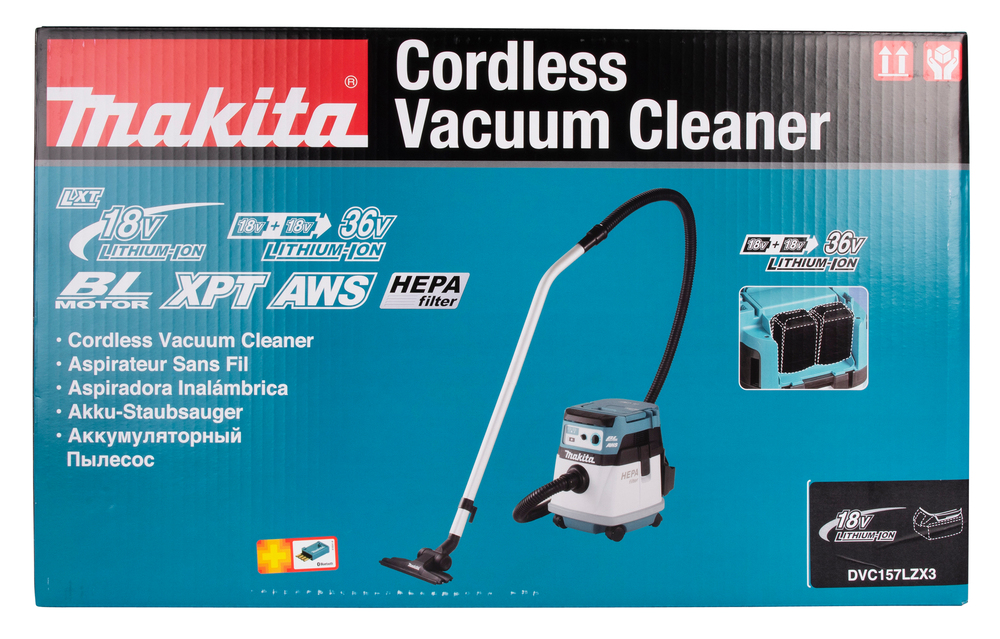 Пылесос аккумуляторный с Bluetooth-системой автоматического запуска Makita DVC157LZX3 2х18В, 15л, без акб и ЗУ
