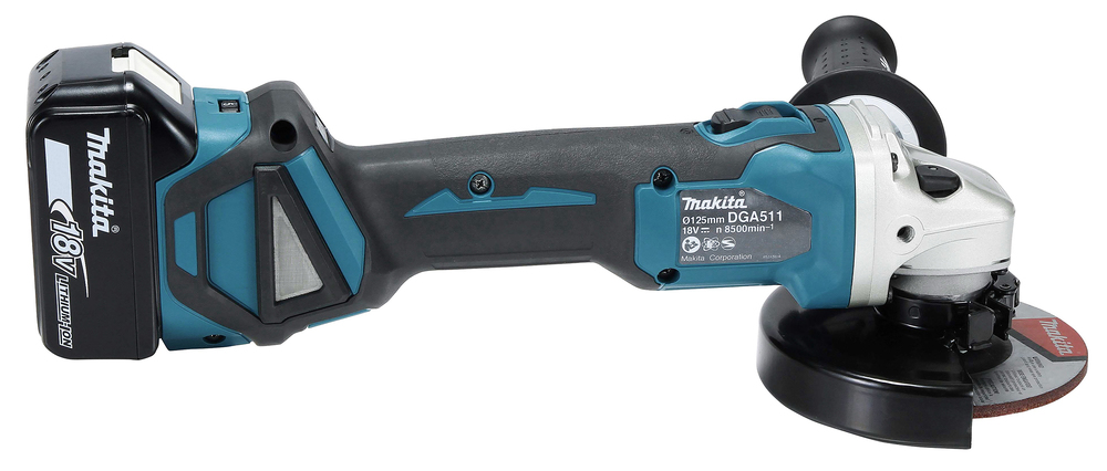 Угловая шлифмашина аккумуляторная Makita DGA511RT LXT 18В, 125 мм, 3000 - 8500 об/мин, 1х5.0 Ач Li-ion