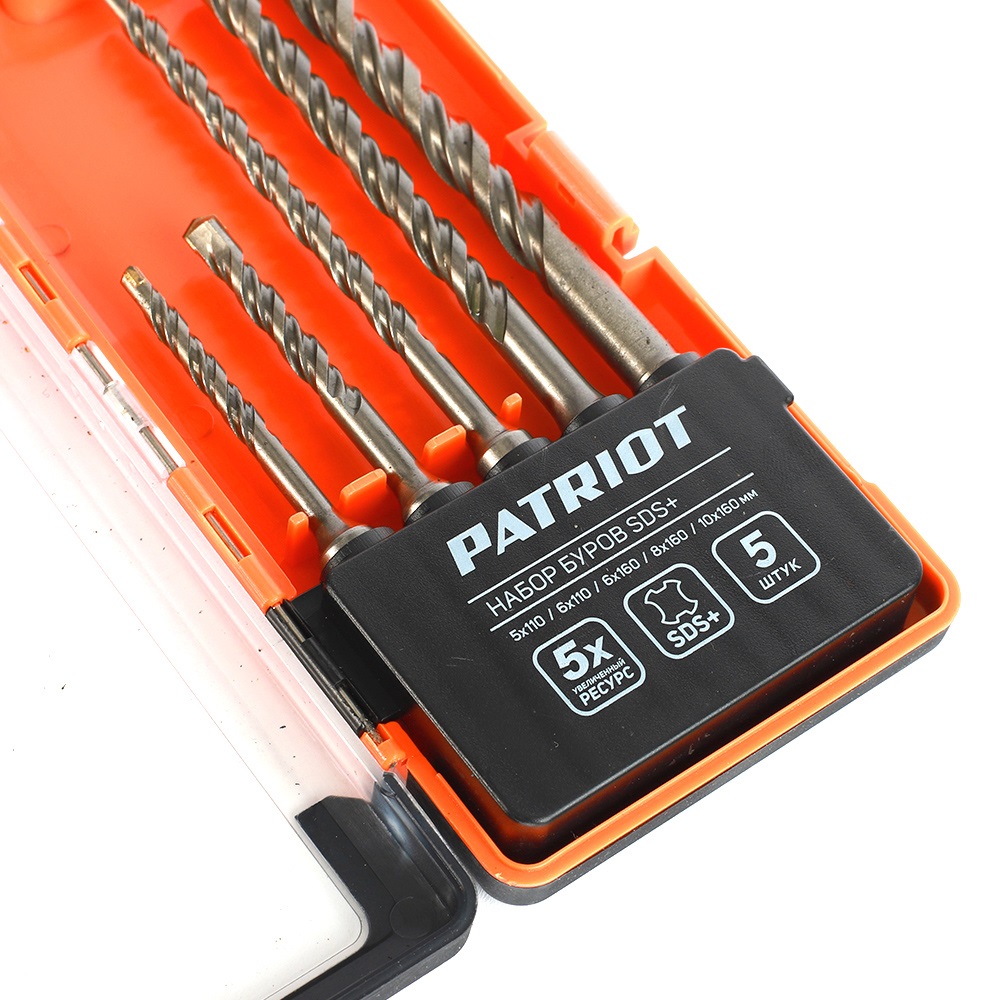 Набор буров PATRIOT SDS Plus, 5 шт -  5x110мм, 6x110мм, 6x160мм, 8x160мм, 10x160мм в боксе