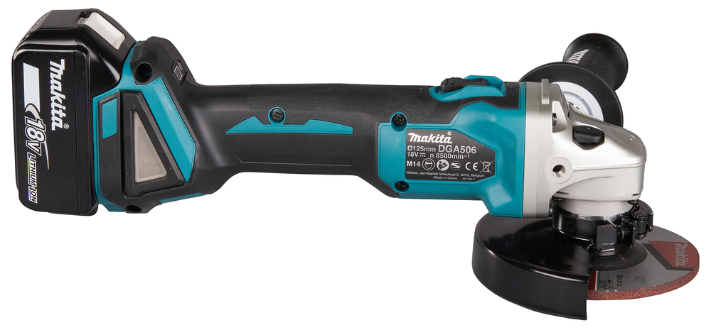 Угловая шлифмашина аккумуляторная Makita DGA506RME LXT 18В, 125 мм, 8500 об/мин, 2х4.0 Ач Li-ion
