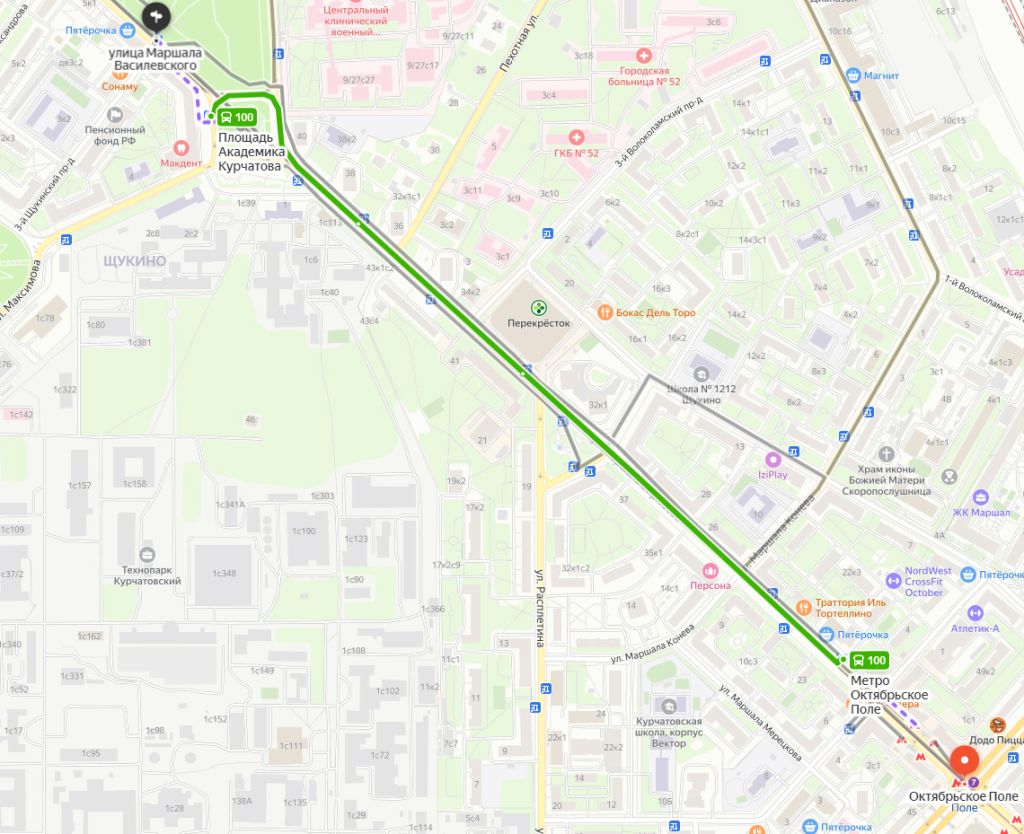 Схема проезда на автобусе 100 от м. Октябрьское Поле до ул. Маршала Василевского